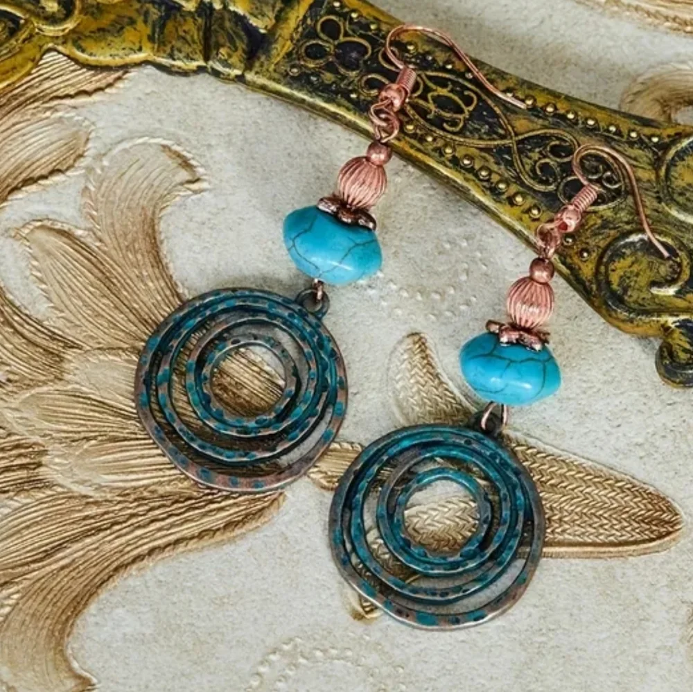 Turquoise Blue Copper Spiral Drop Earrings #407 - Picture 1 of 4